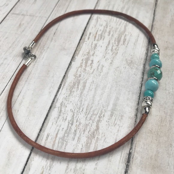 LAST ONE•Hand Crafted Leather & Turquoise Necklace - Picture 4 of 6